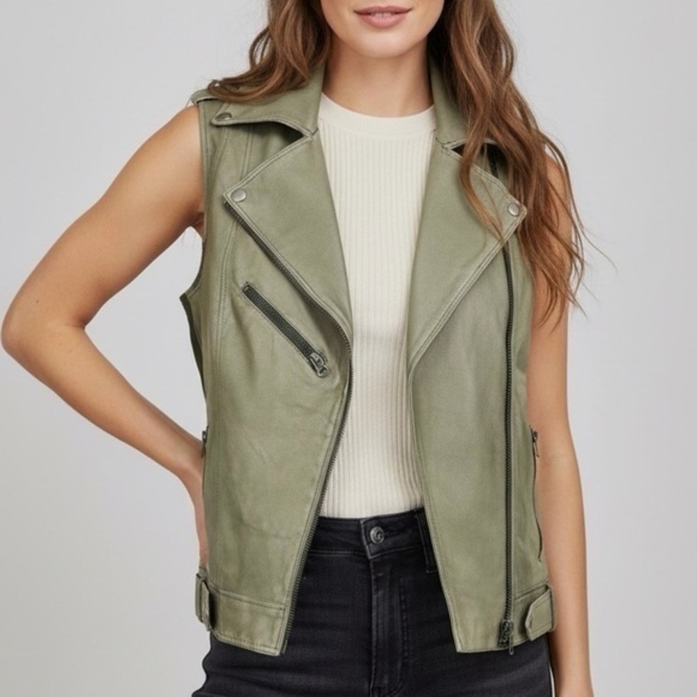 JKT NYC Leather Moto Biker Vest Sleeveless Jacket Patina Sage Green Medium